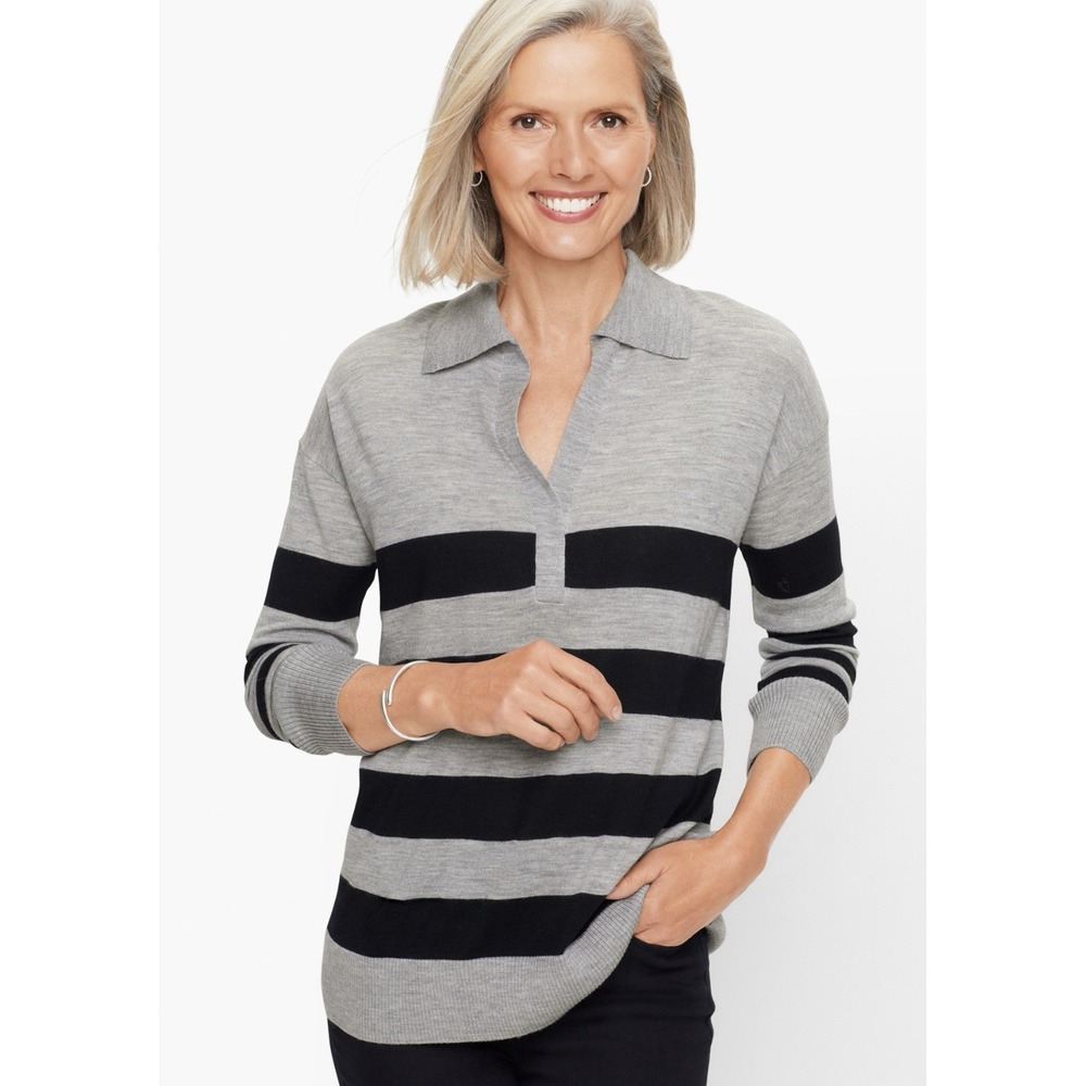 Talbots Marino Wool Johnny Collar Pullover Sweater‎ Womans Size XL Gray  Preppy